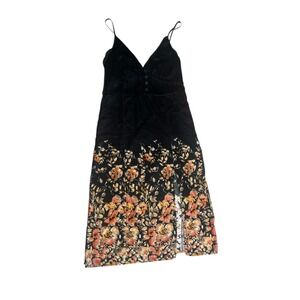 URBAN OUTFITTERS Black Floral Print V Neck Midi Slip Dress Side Slit Size L